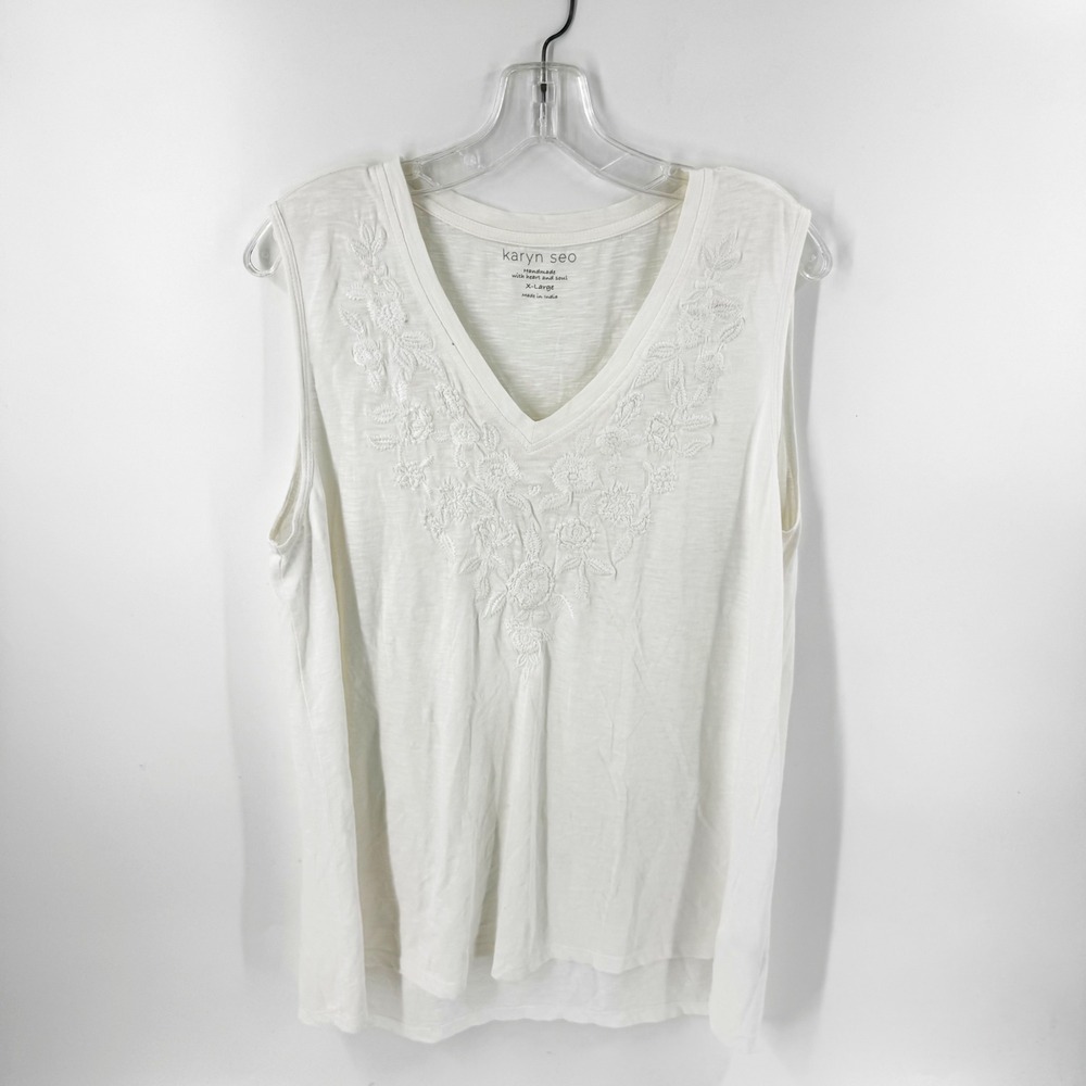 Karyn‎ Seo Womens XL White Cotton Slub Embroidered V-Neck Sleeveless Tank Top - Picture 2 of 7